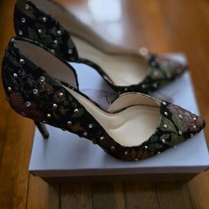 Jessica Simpson Floral Embellished Pointed-Toe Heels - Black/Olive/Brown